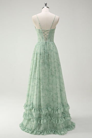 Vestido largo de dama de honor con estampado de tirantes de espagueti de flores verdes con abertura